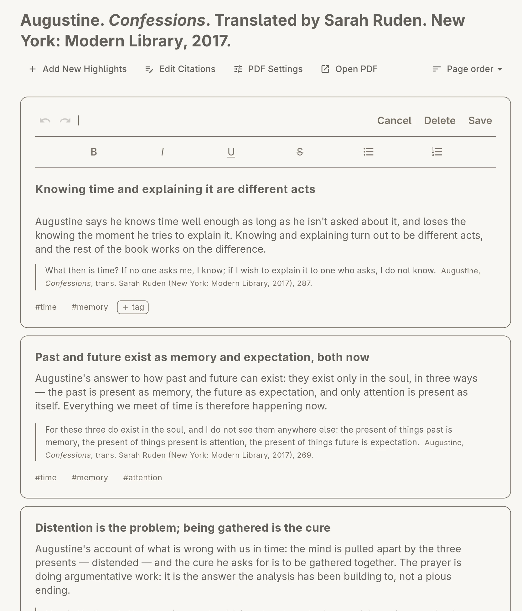 A document's cards being edited: titles written as one-sentence summaries, notes stating plainly what the author is saying, the quotation beneath with its Turabian citation and tags.