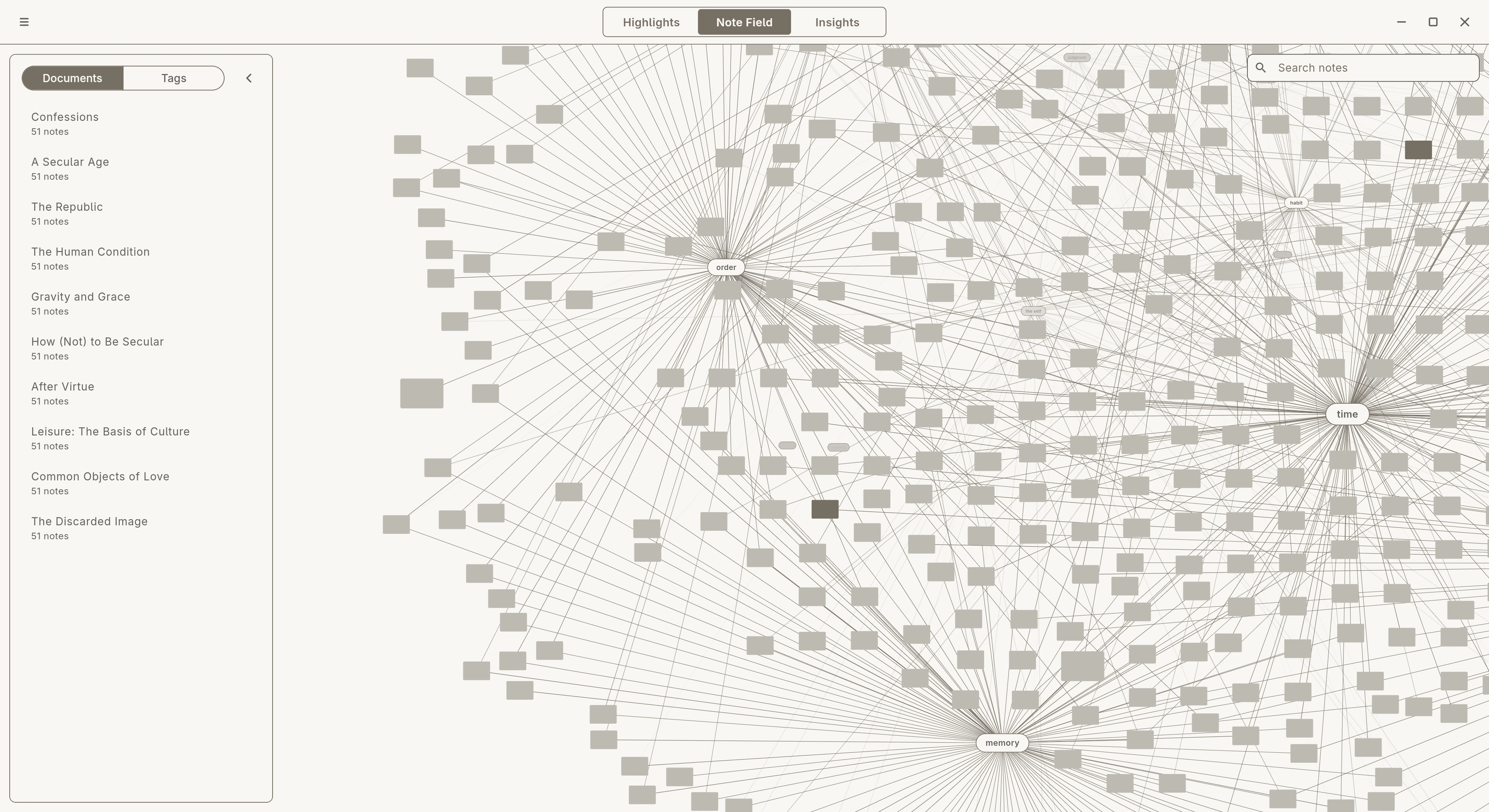The Note Field seen from far: over five hundred note cards from ten books laid out as a map, each tag a hub — order, language, habit, time, memory — with lines joining every card to what it shares.
