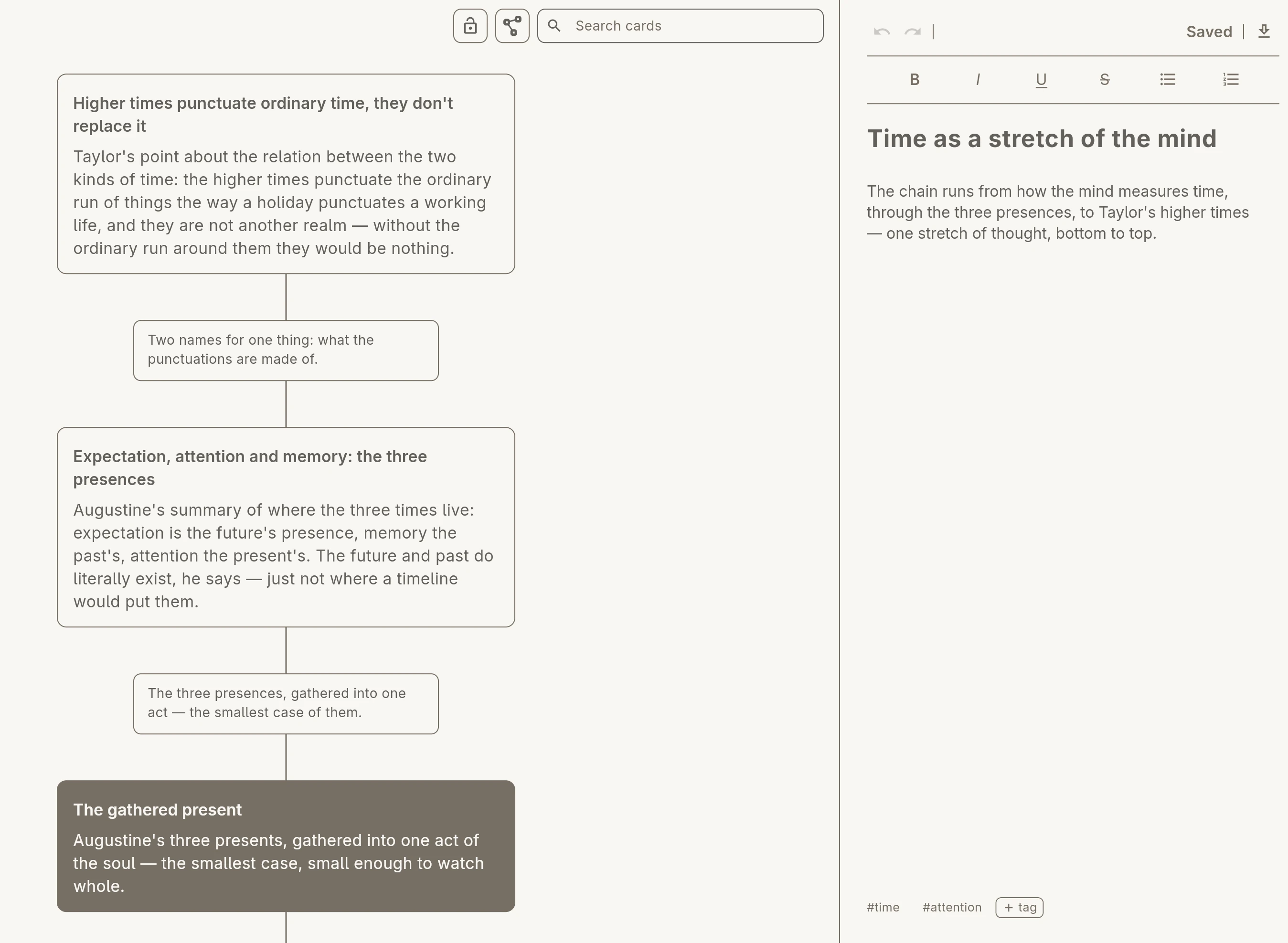 An insight board: highlight cards linked by lines with comments, a throughline ending in an insight card.